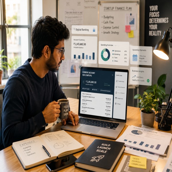Startup founder managing business finances through digital banking and a current account for startups.
