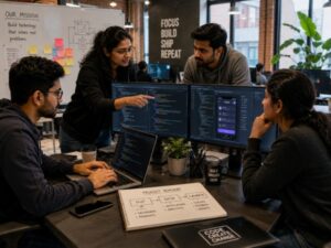 Software developers collaborating on a startup product, building innovative technology solutions in a modern workspace.