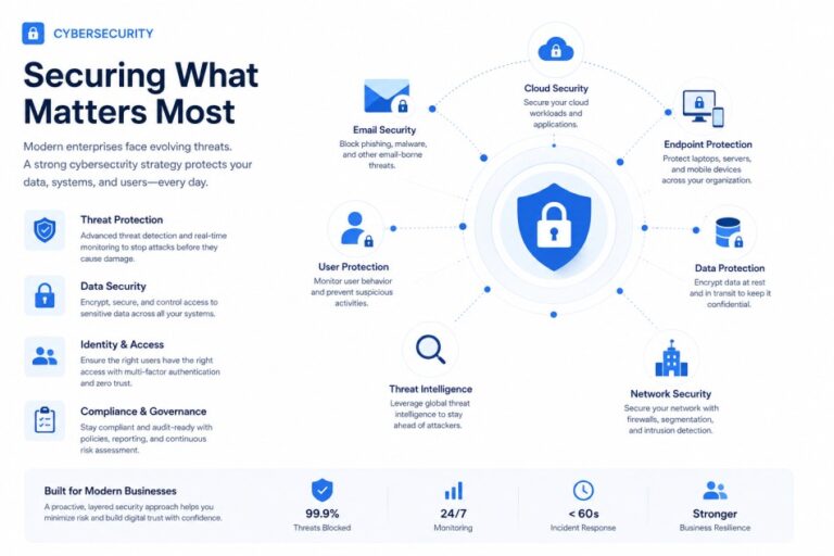 Cybersecurity concept showing secure digital network connections and enterprise data protection.