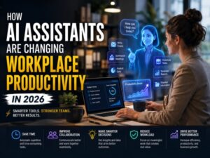 Professional using an AI assistant to improve workplace productivity, automation, and business decision-making.