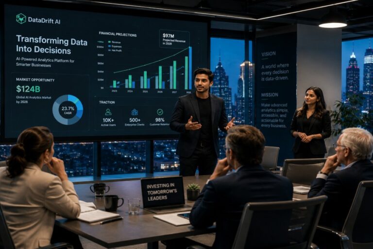 Startup founders presenting a fundraising pitch to investors with business growth charts and financial projections.