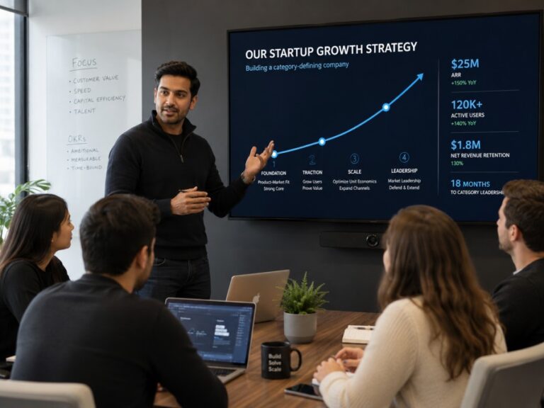 Technology entrepreneur presenting a startup growth strategy to a business team.