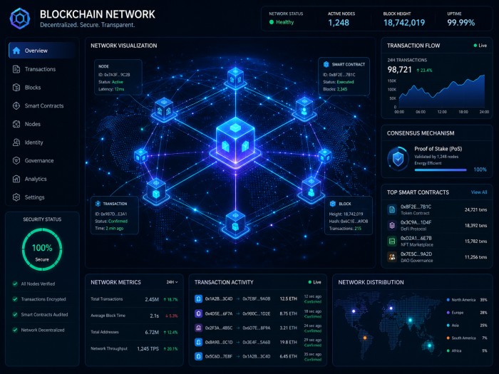 Futuristic blockchain network visualization representing digital transactions, security, and enterprise technology.