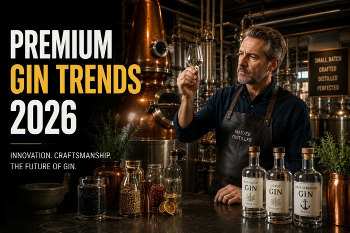 Premium Gin Trends 2026 showcasing modern craft distillation