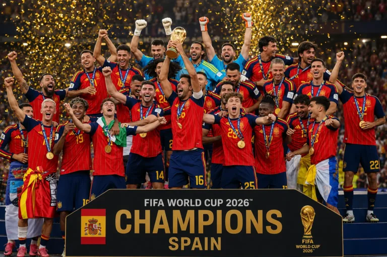 Spain lifts the FIFA World Cup 2026 trophy after becoming the FIFA World Cup 2026 winner.