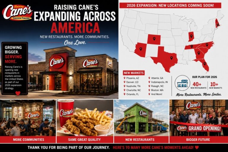 Raising Cane's new restaurants opening across the United States as part of the company's 2026 expansion strategy
