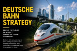 Deutsche Bahn Strategy showcasing modern high-speed trains, digital rail infrastructure, and sustainable transportation.