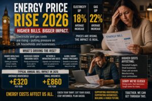 Energy Price Rise 2026 affecting UK households and businesses as electricity and gas costs increase.