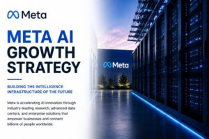 Meta AI Growth Strategy illustrating artificial intelligence innovation, data centers, and enterprise technology.